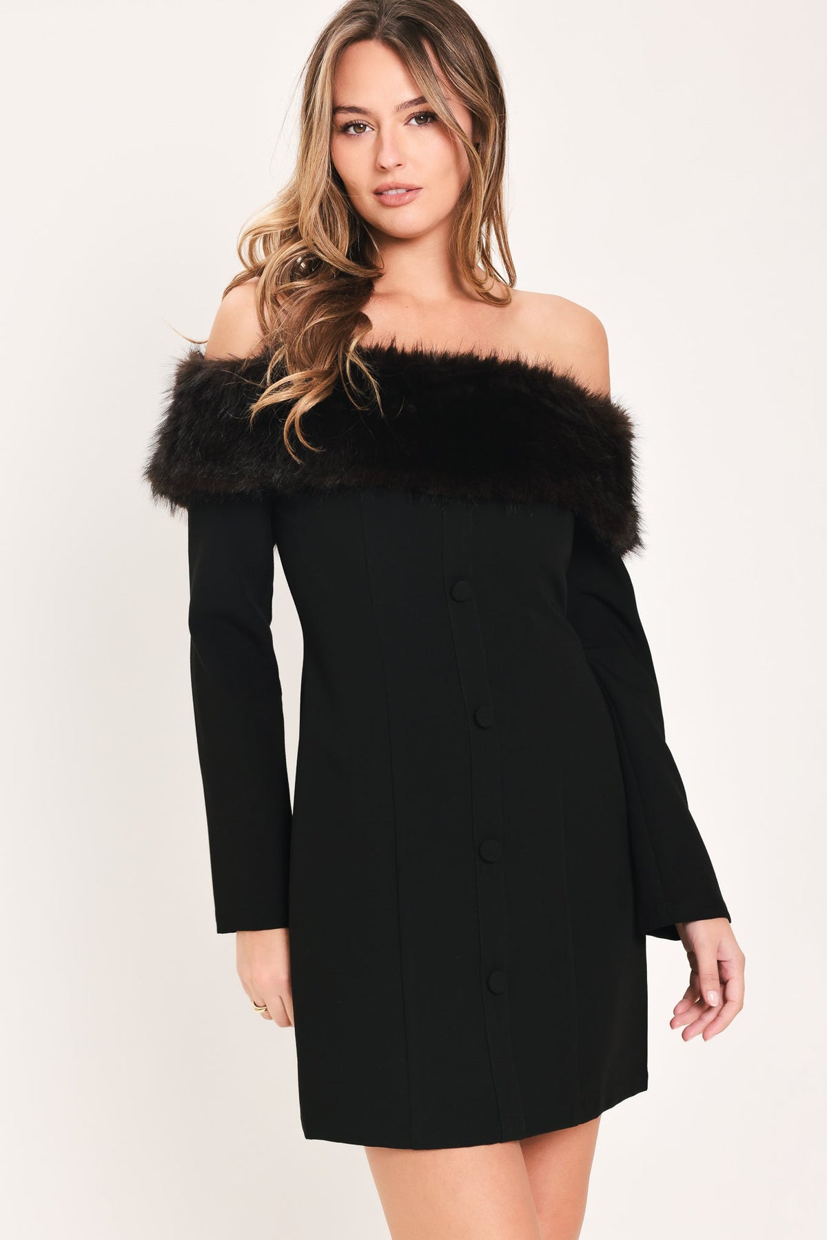 Faux Fur Trim Off-Shoulder Mini Dress in black, back view