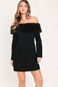 Faux Fur Trim Off-Shoulder Mini Dress in black, front view