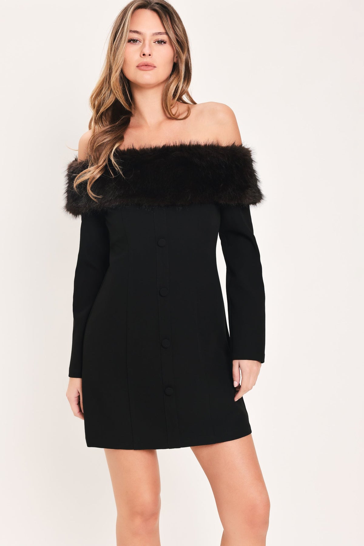 Faux Fur Trim Off-Shoulder Mini Dress in black, front view