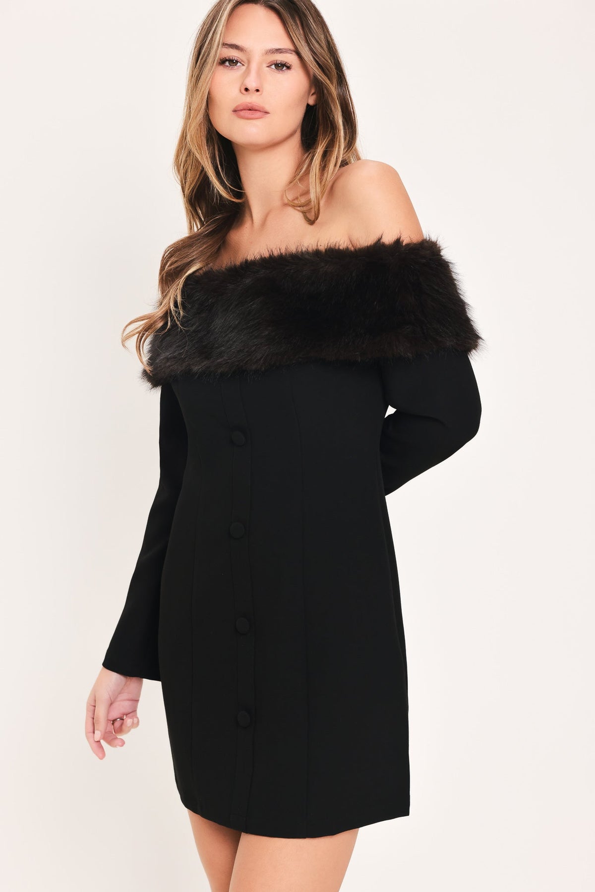 Faux Fur Trim Off-Shoulder Mini Dress in black, side view