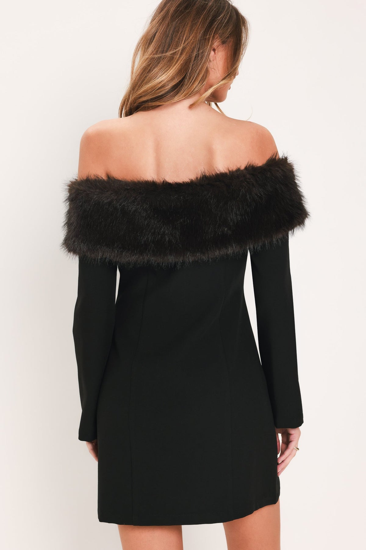 Faux Fur Trim Off-Shoulder Mini Dress in black, close-up detail