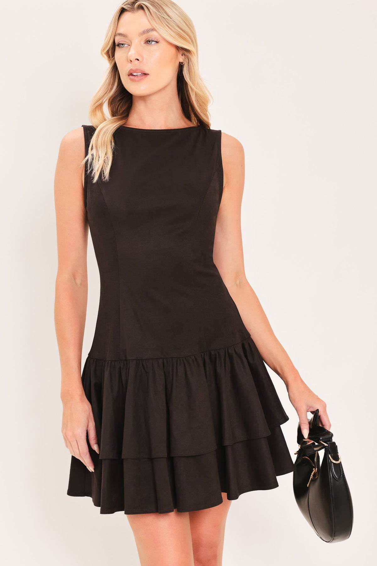 Shadow Dropwaist Faux Suede Mini Dress in chocolate, side view