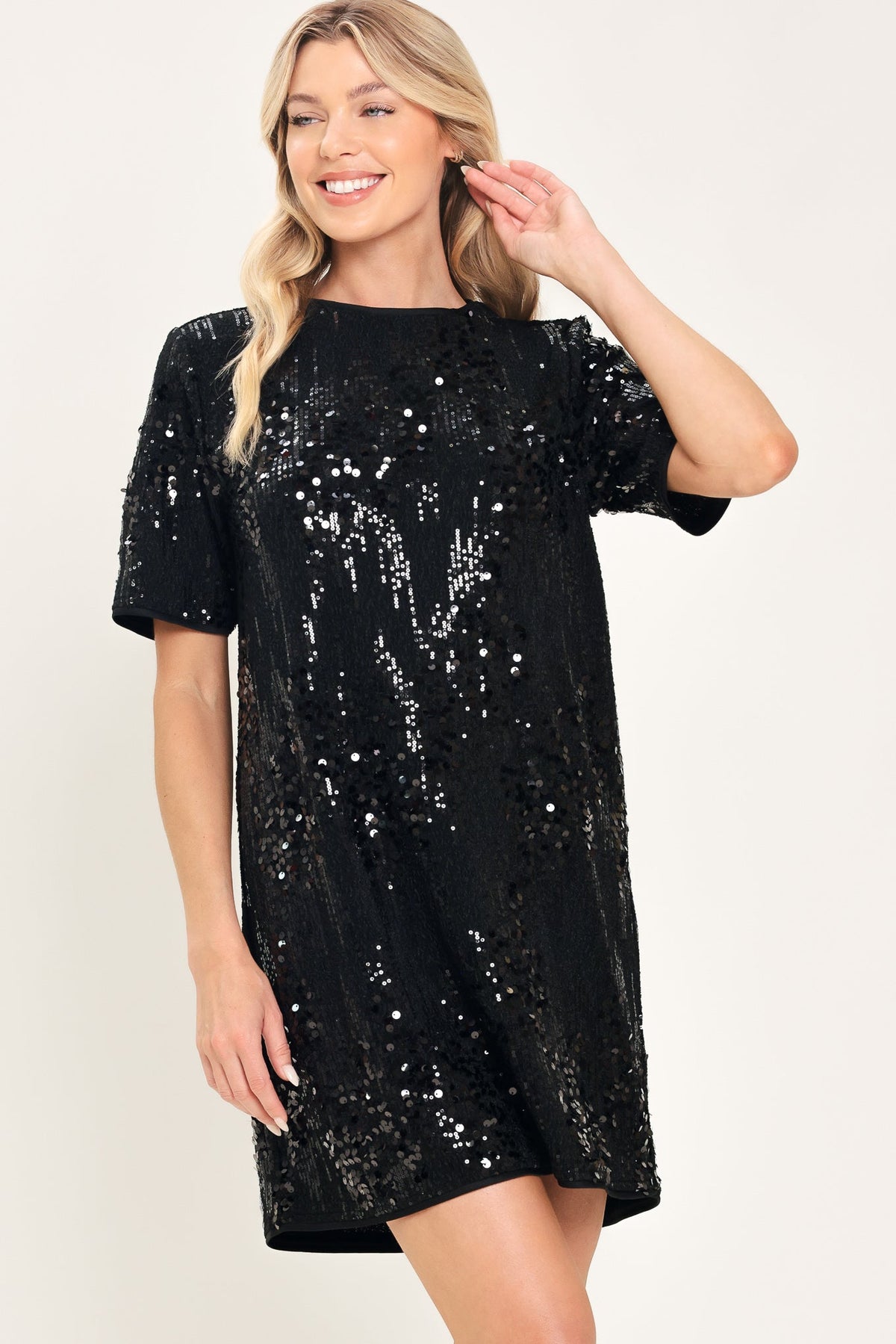 Sequin mini shift dress in cream and black - view 1