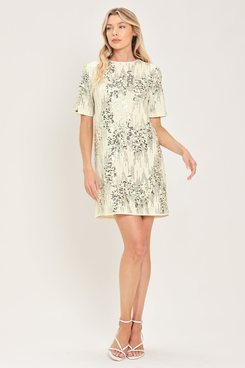 Sequin mini shift dress in cream and black - view 8