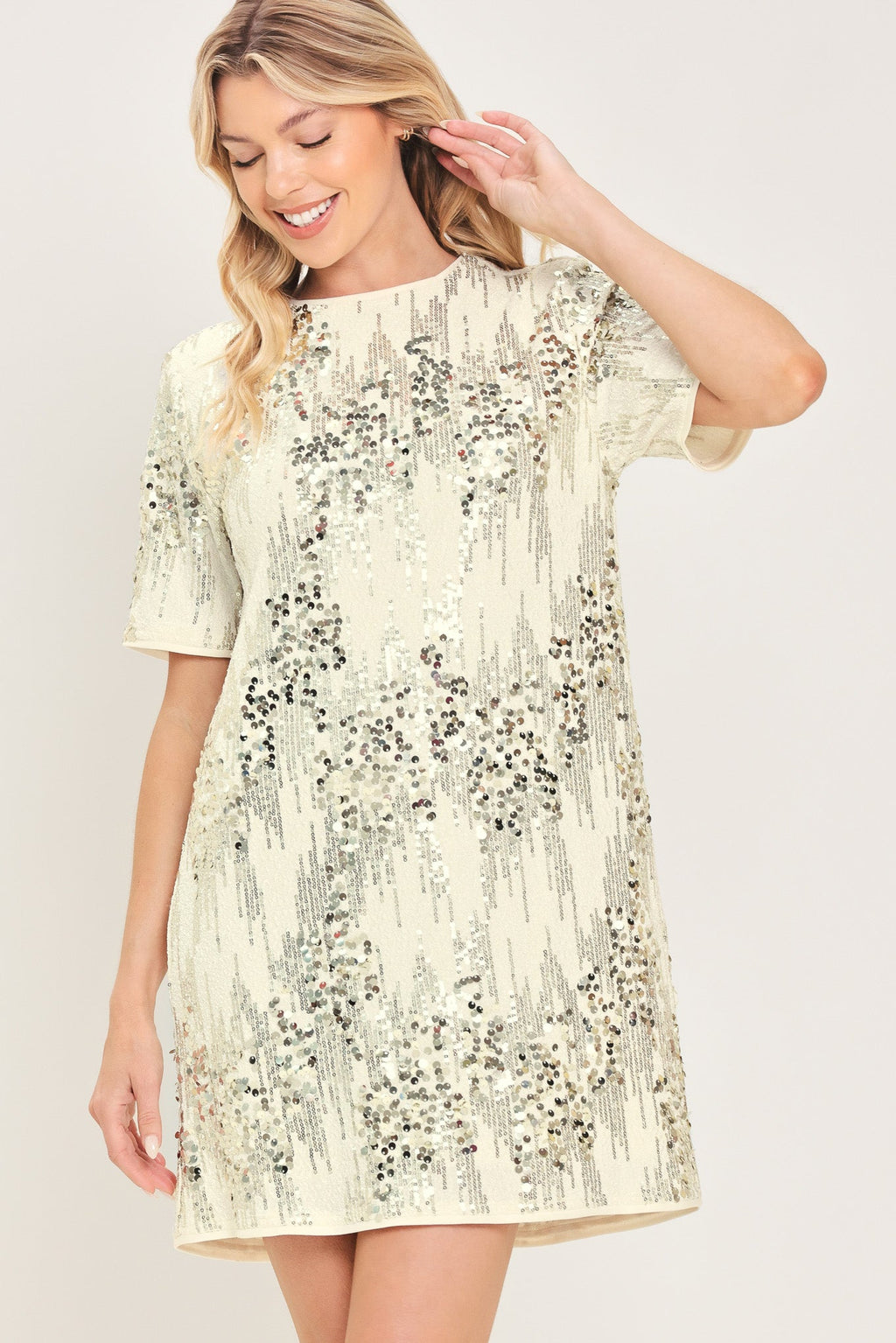 Sequin mini shift dress in cream and black - view 2