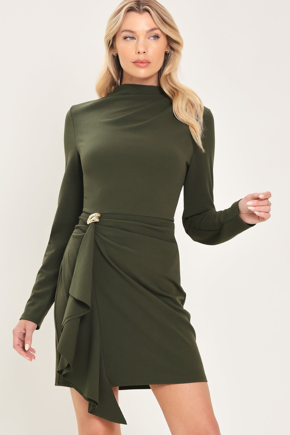 Dark olive funnel-neck ruffle mini dress - view 4