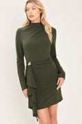 Dark olive funnel-neck ruffle mini dress - view 1