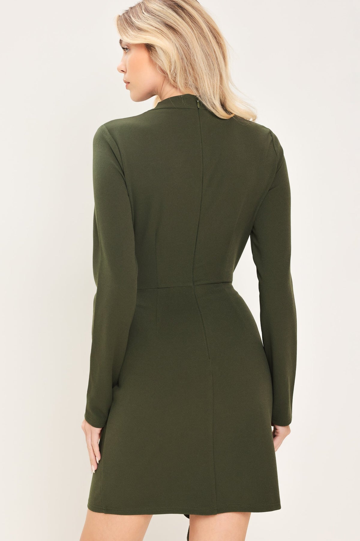 Dark olive funnel-neck ruffle mini dress - view 6