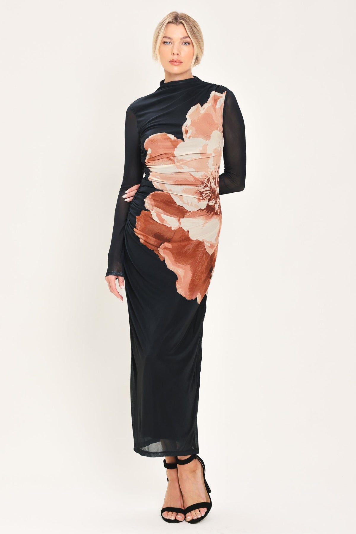 Black floral printed mesh shirred midi dress - view 1