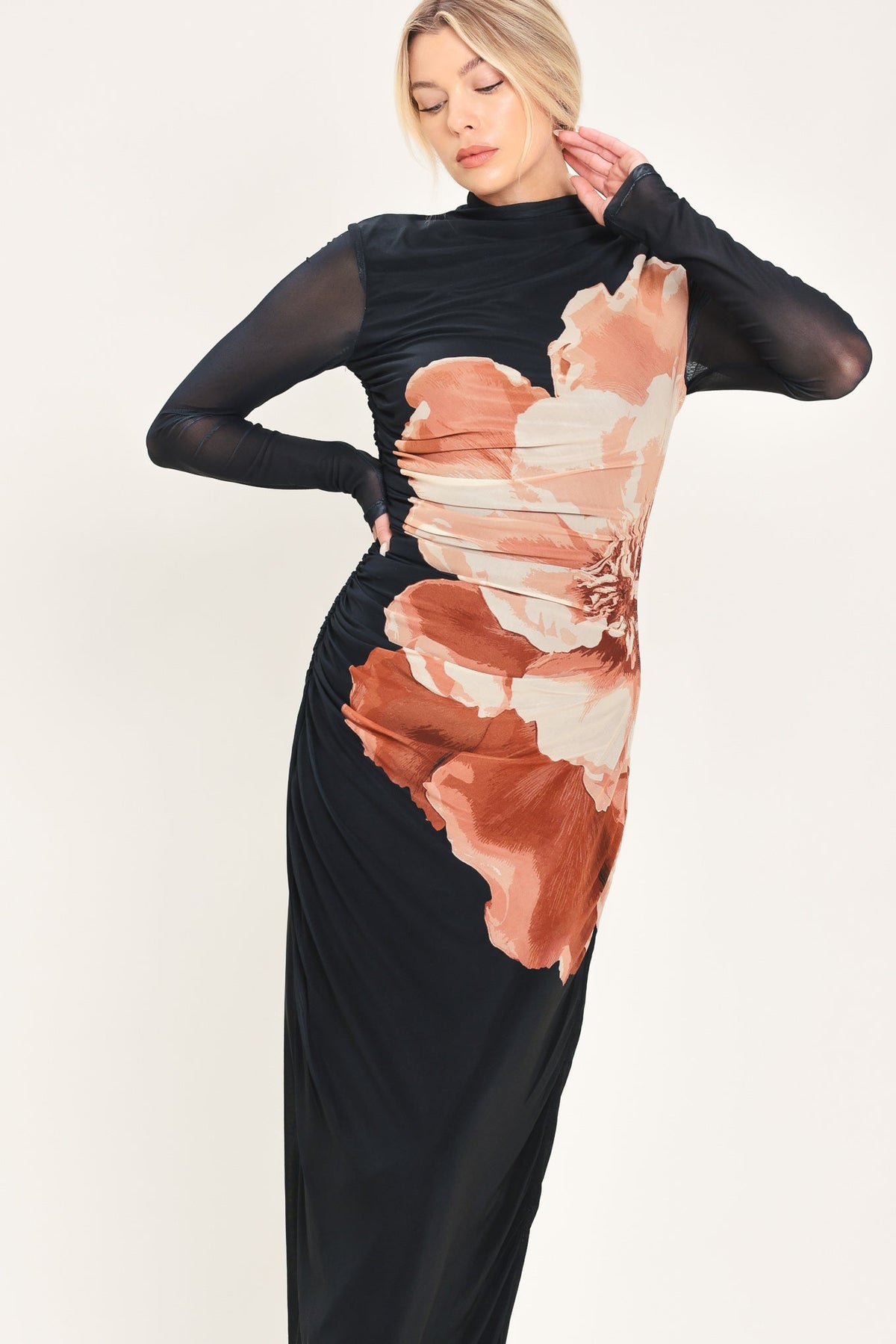 Black floral printed mesh shirred midi dress - view 2