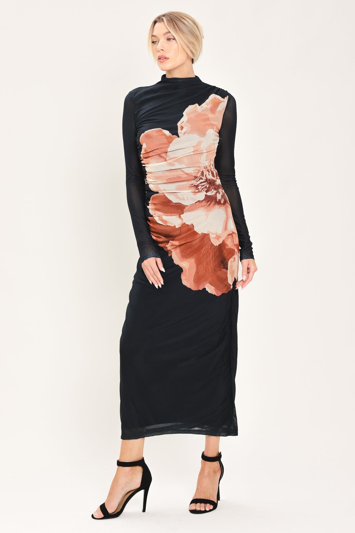 Black floral printed mesh shirred midi dress - view 3