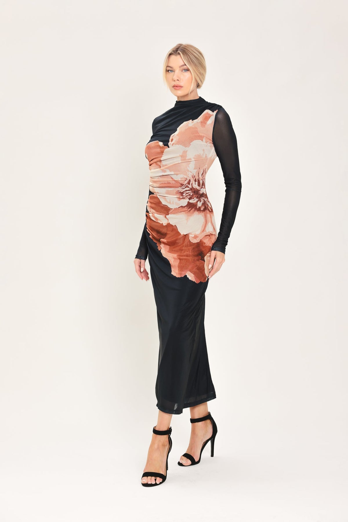 Black floral printed mesh shirred midi dress - view 4