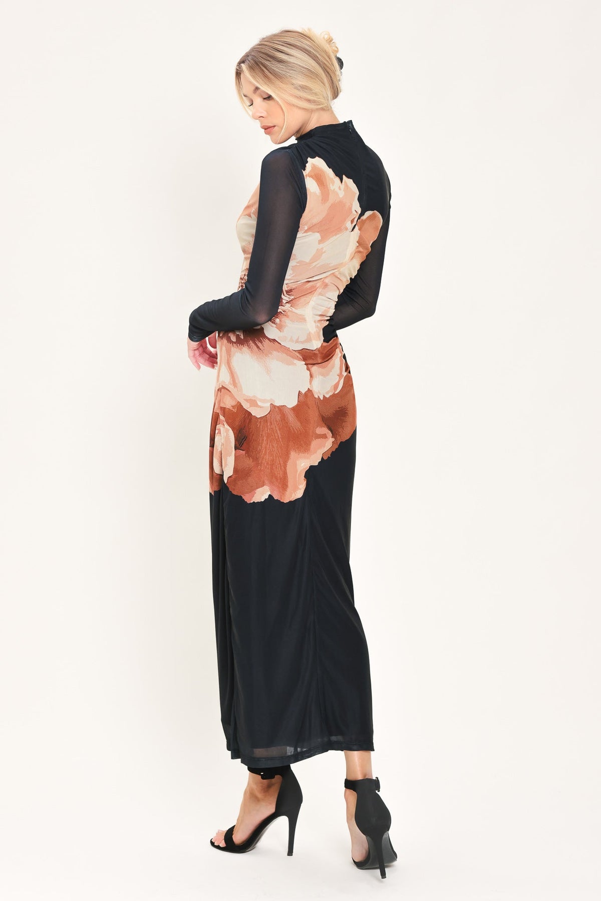 Black floral printed mesh shirred midi dress - view 6