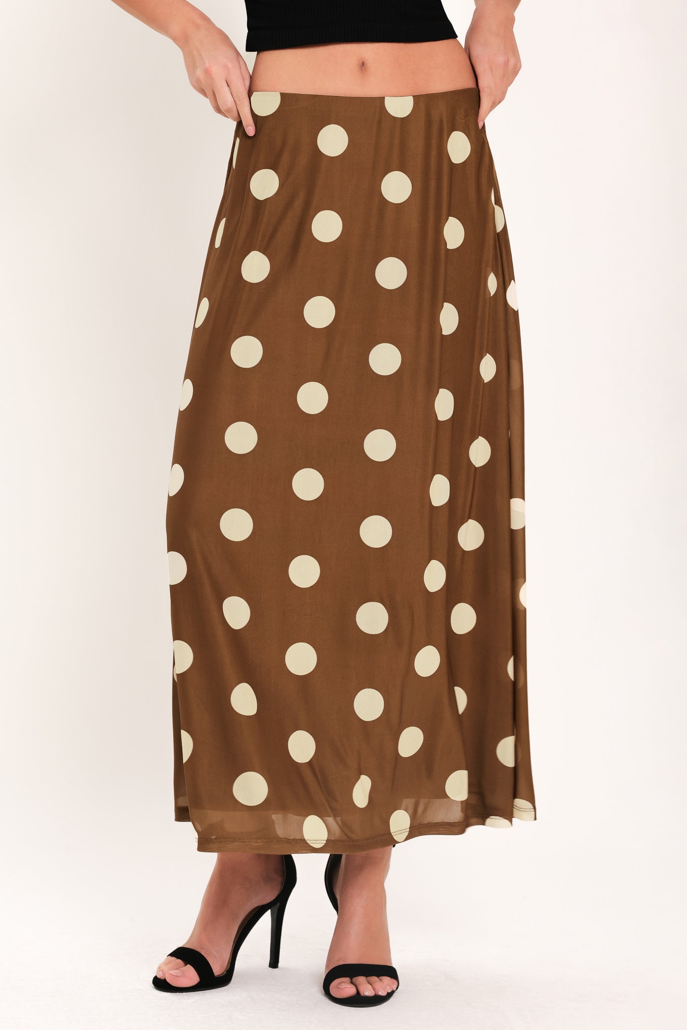 French Girl Polka Dot Power Mesh Midi Skirt in Brown - front view showing polka dot print and midi length