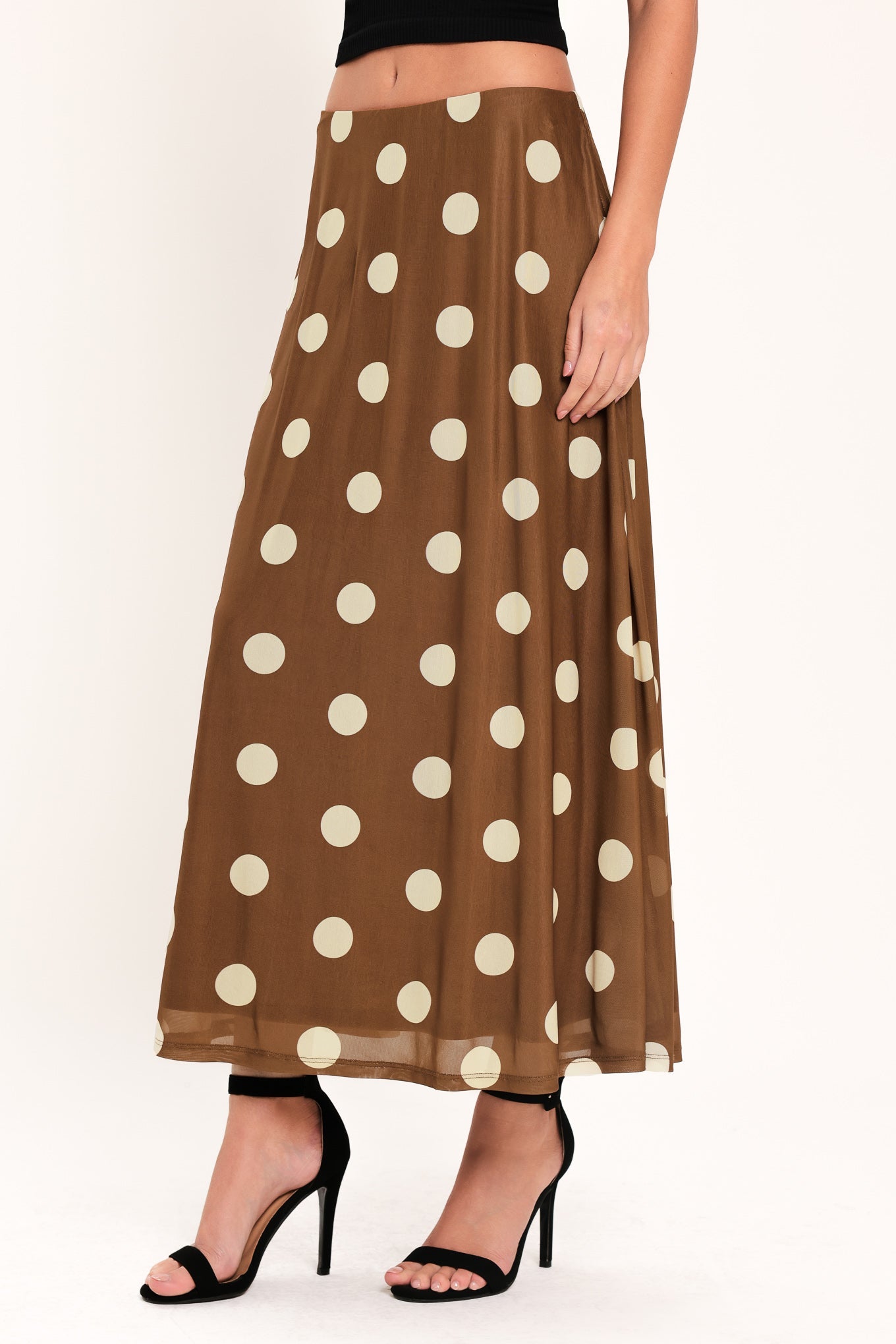 French Girl Polka Dot Power Mesh Midi Skirt - close up of polka dot power mesh fabric