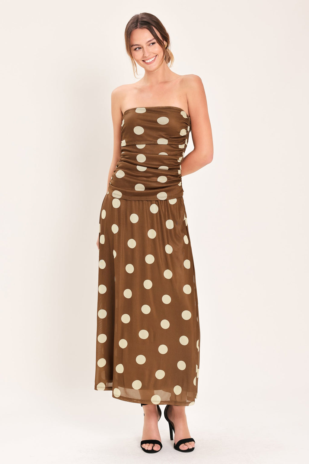 French Girl Polka Dot Power Mesh Midi Skirt - styled with fitted top full length view
