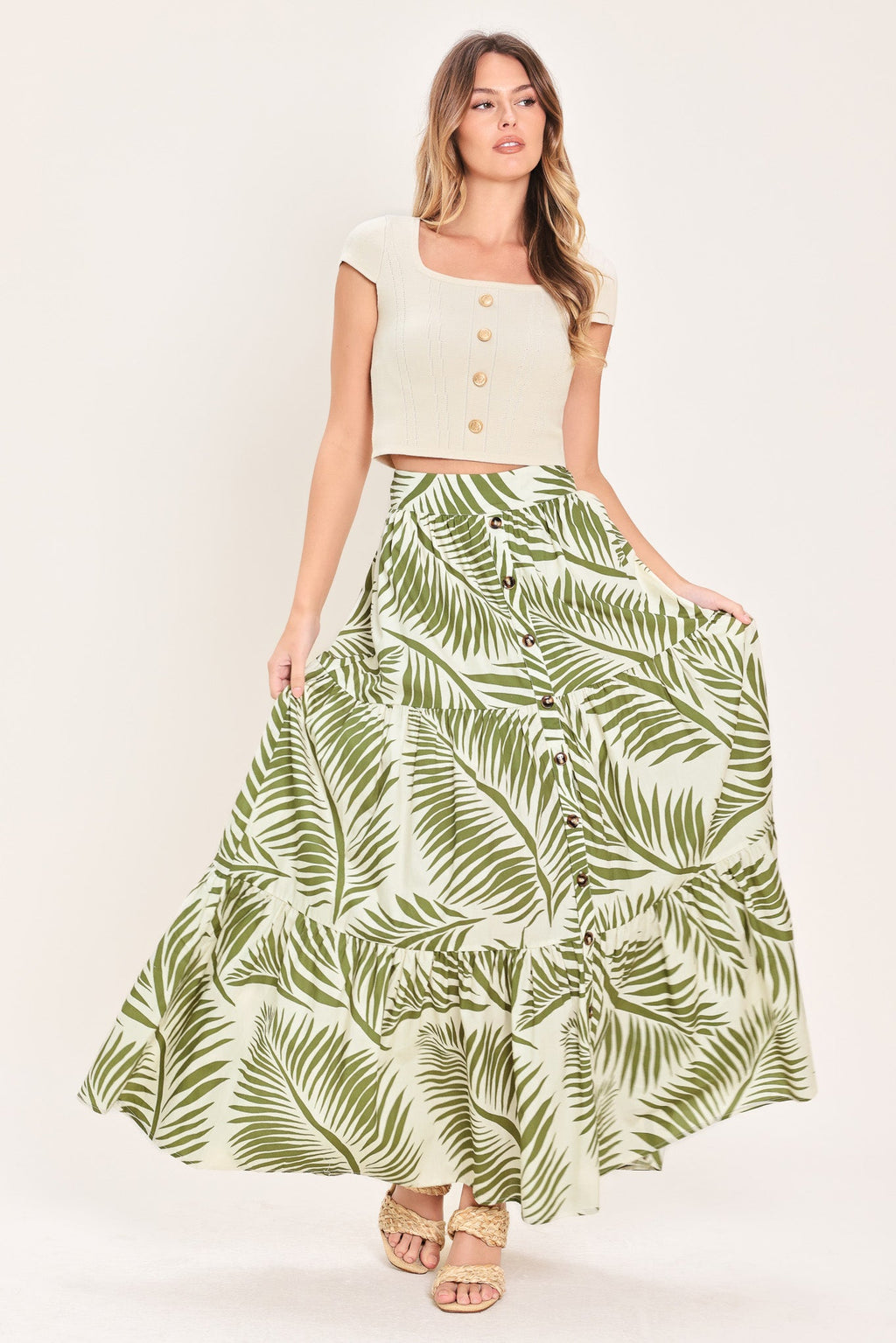 Tiered maxi skirt with front button detailing and smocked waistband