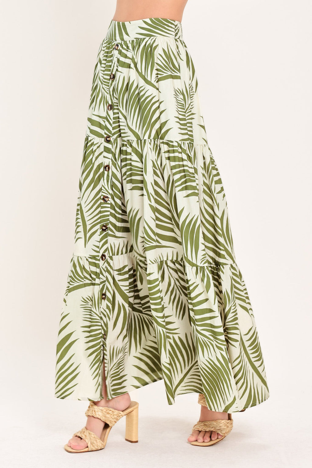 Tiered maxi skirt with front button detailing and smocked waistband