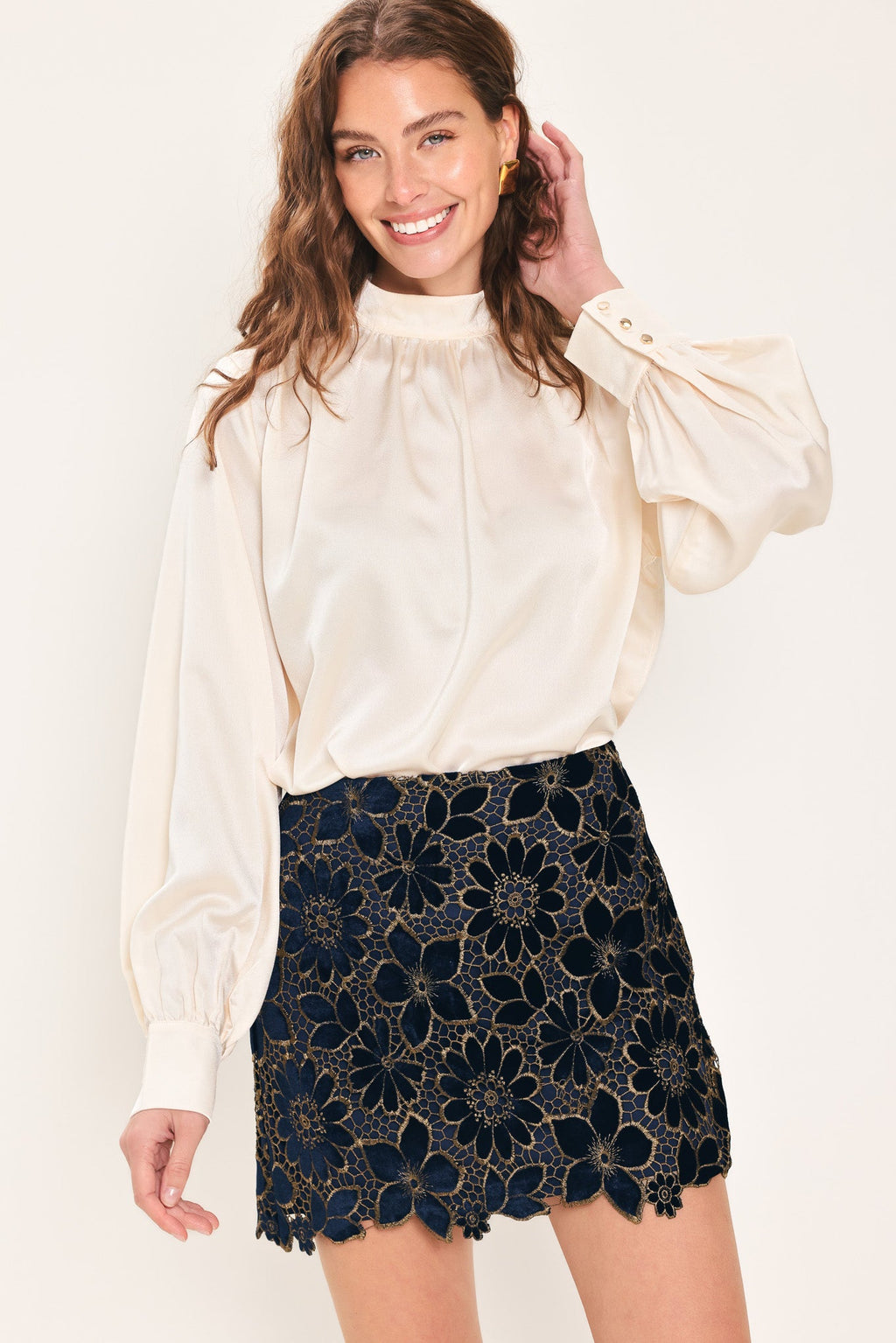 Velvet Gold Lace Mini Skirt in navy, side view