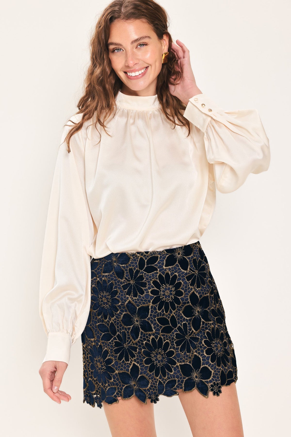 Velvet Gold Lace Mini Skirt in navy, side view