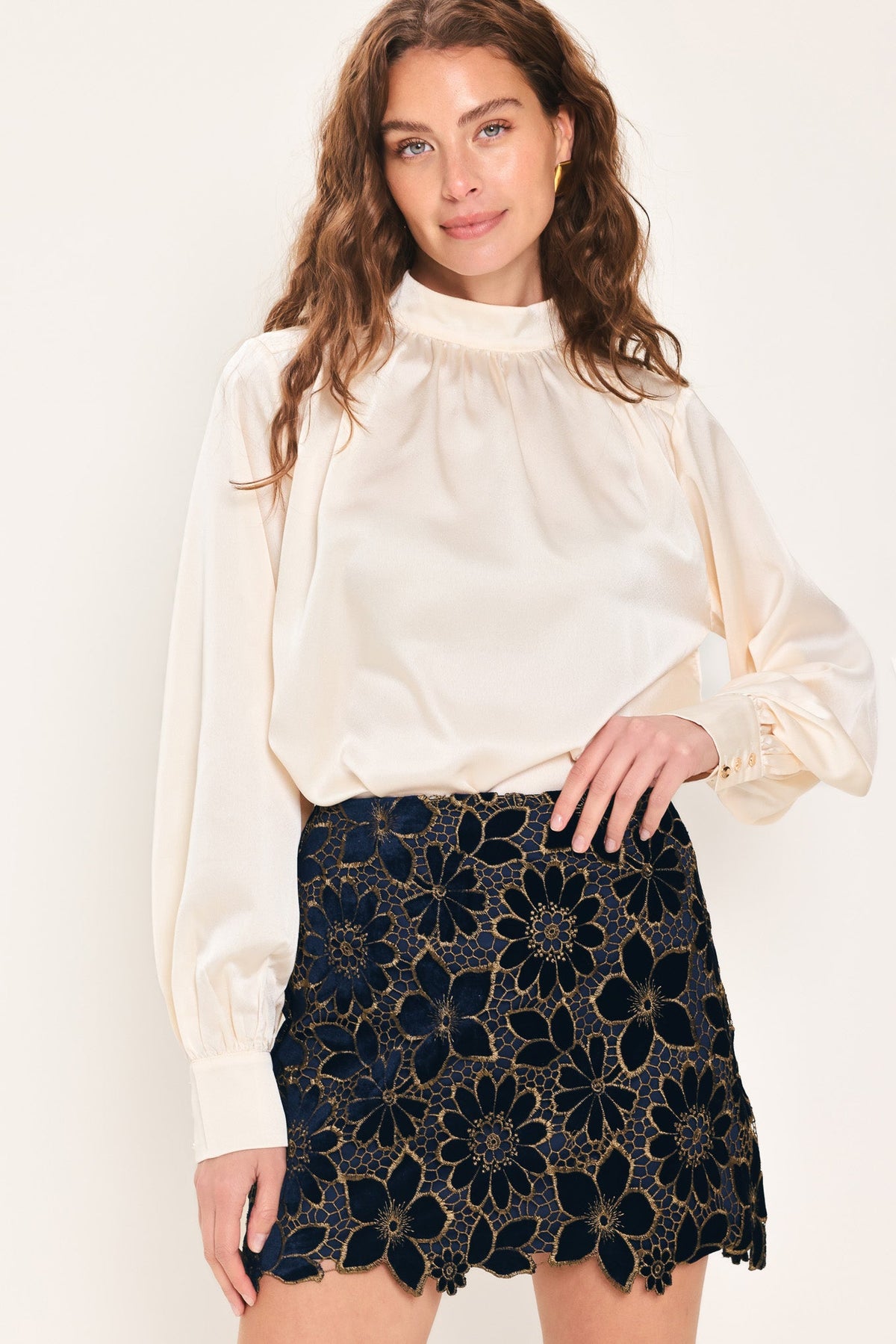 Velvet Gold Lace Mini Skirt in navy, detail view
