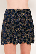 Velvet Gold Lace Mini Skirt in navy, front view