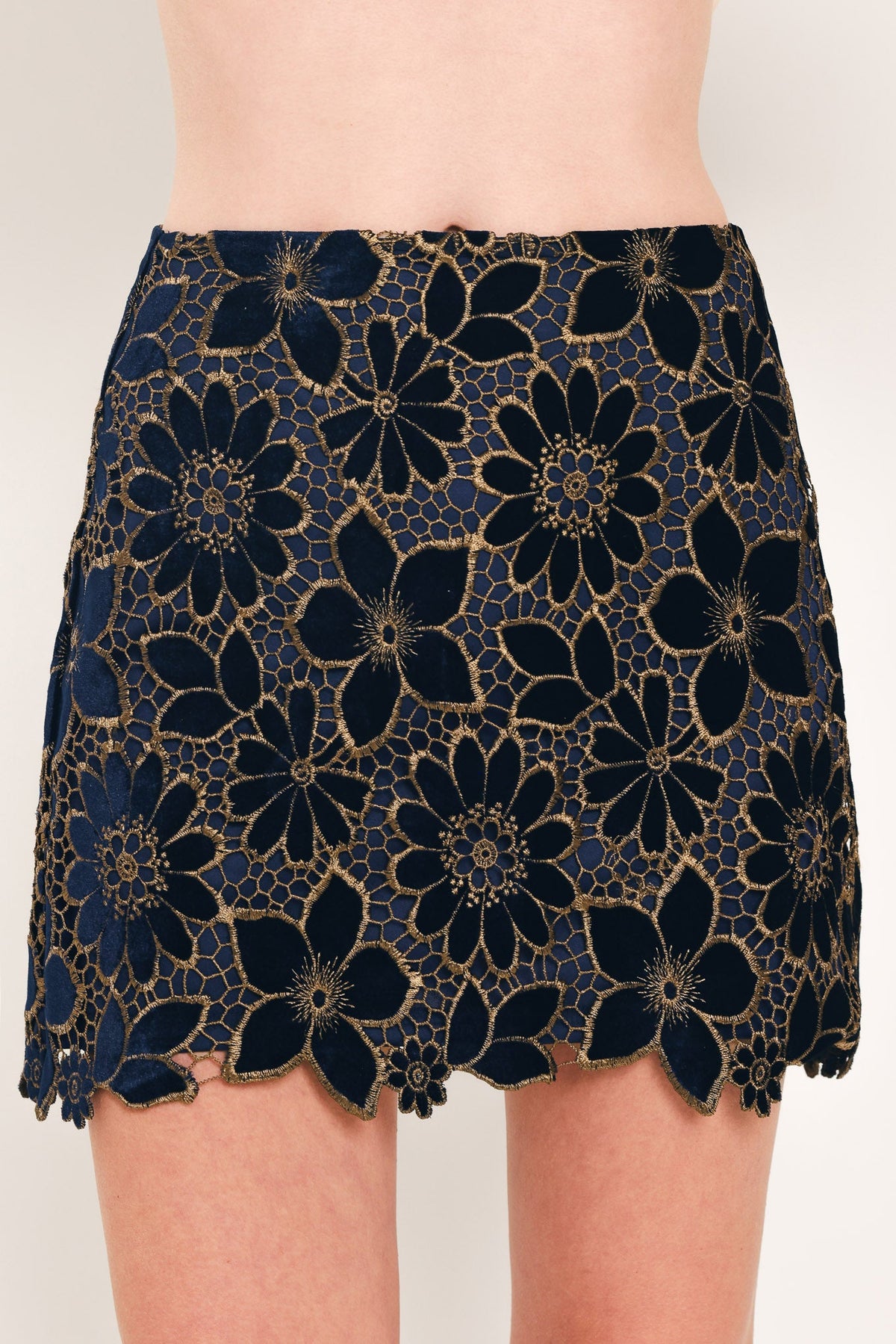 Velvet Gold Lace Mini Skirt in navy, front view