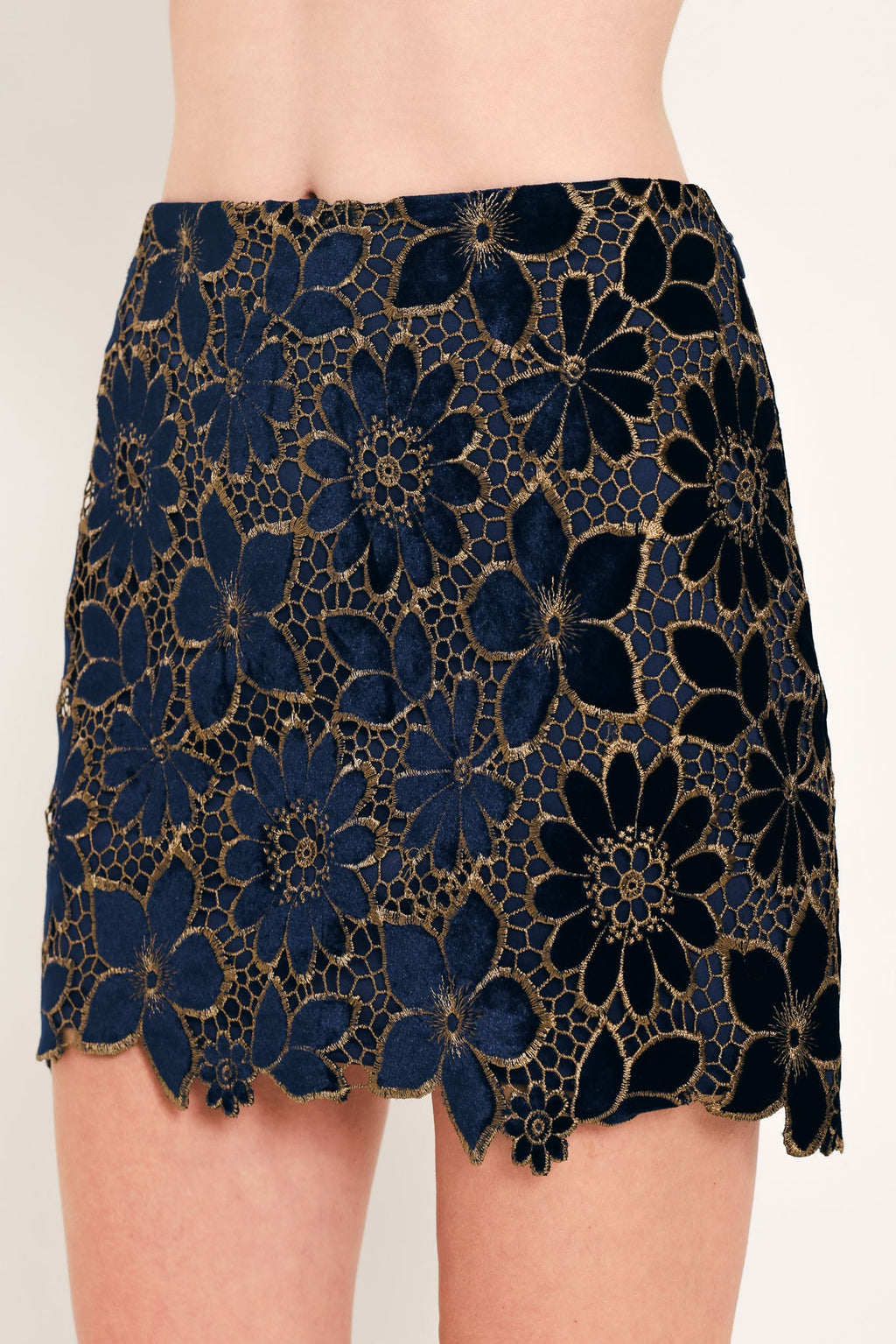 Velvet Gold Lace Mini Skirt in navy, back view