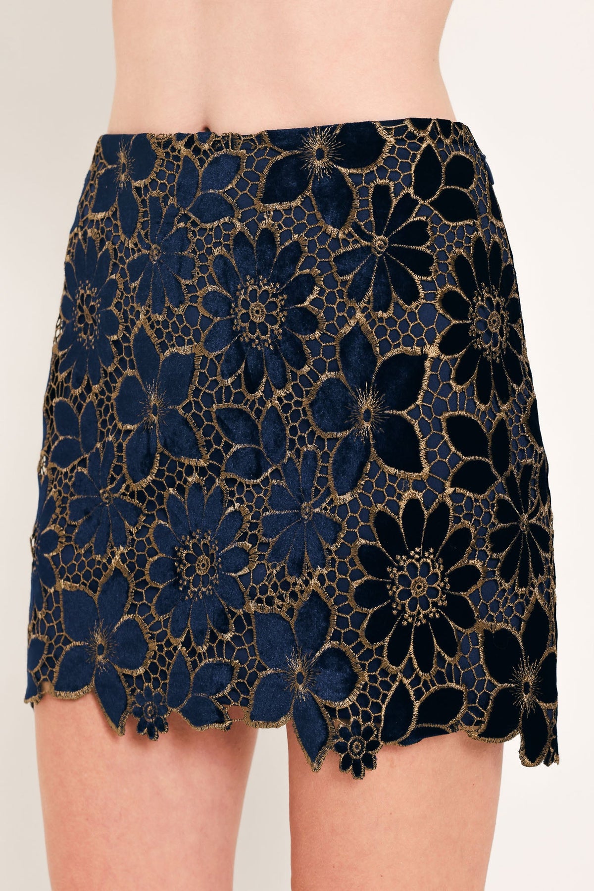 Velvet Gold Lace Mini Skirt in navy, back view