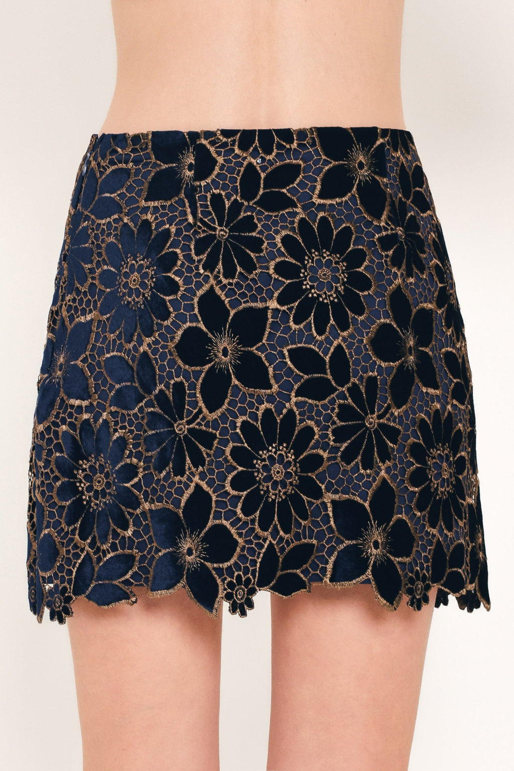 Velvet Gold Lace Mini Skirt in navy, close-up detail