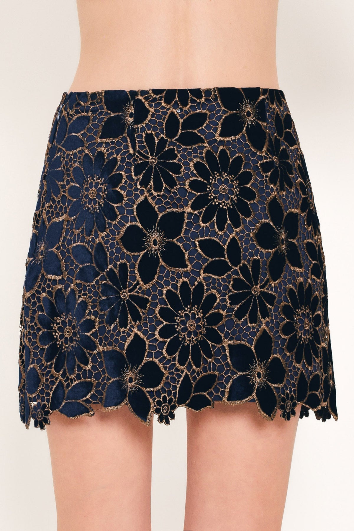 Velvet Gold Lace Mini Skirt in navy, close-up detail