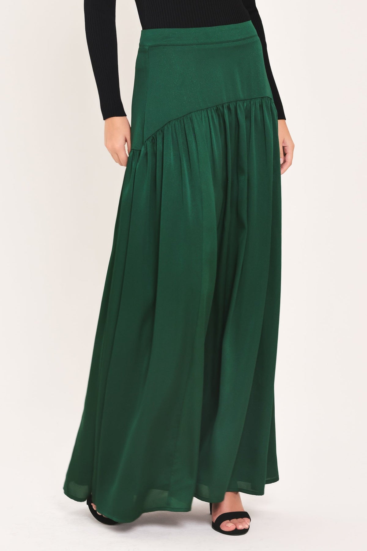 Hunter Green Drop Waist Tiered Maxi Skirt in hunter green, back view
