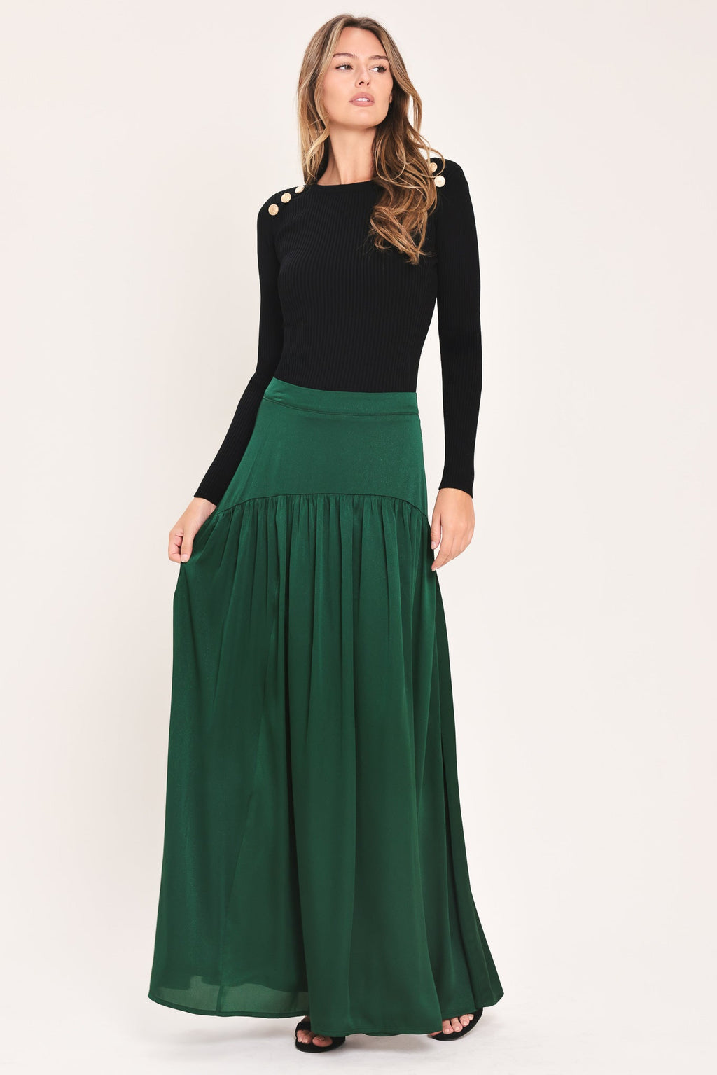 Hunter Green Drop Waist Tiered Maxi Skirt in hunter green, side view