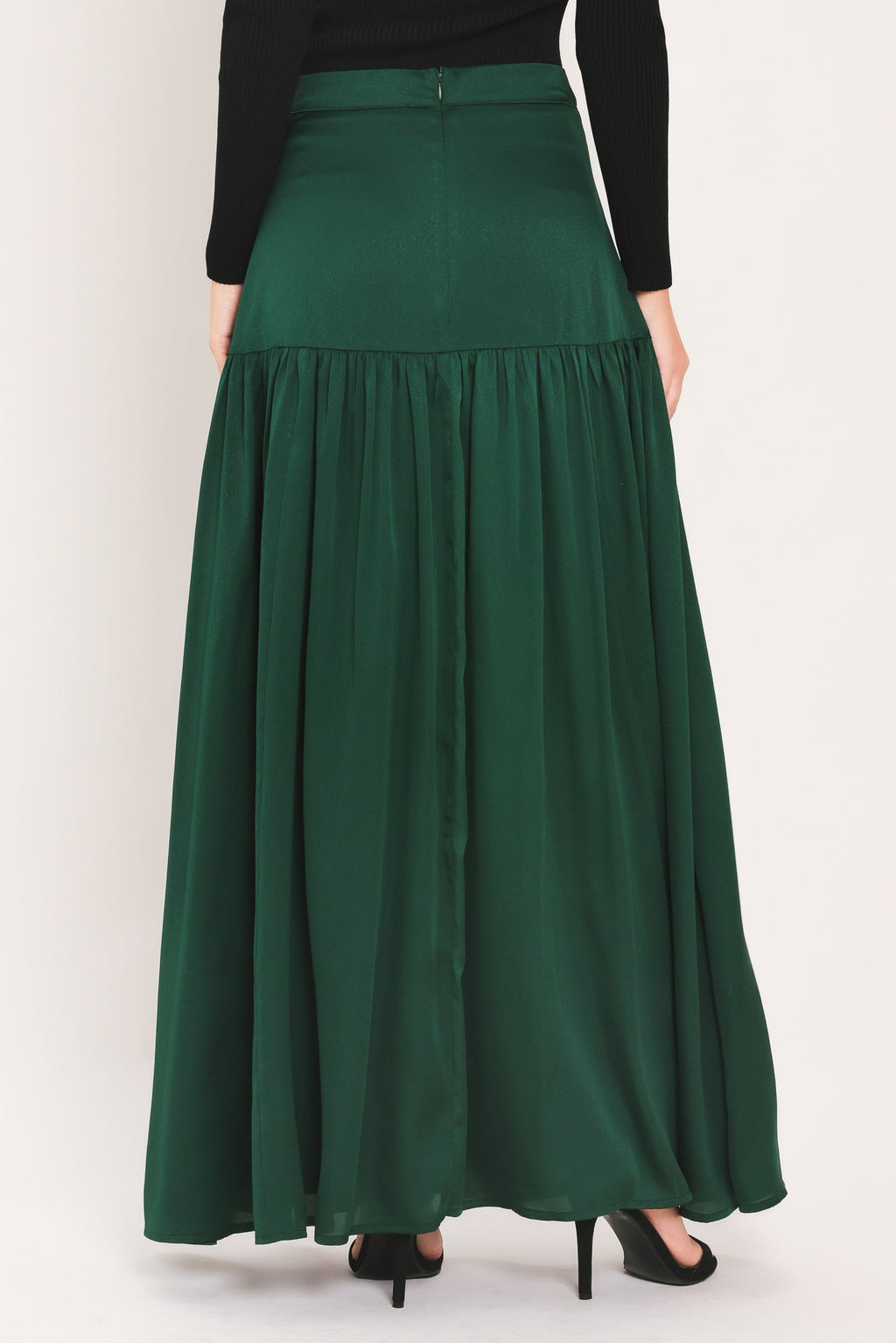 Hunter Green Drop Waist Tiered Maxi Skirt in hunter green, close-up detail
