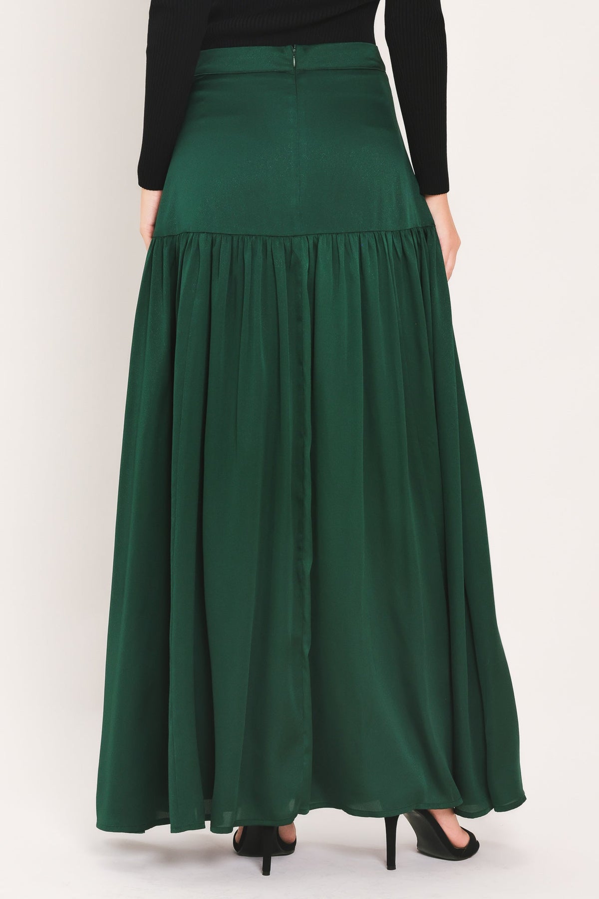Hunter Green Drop Waist Tiered Maxi Skirt in hunter green, close-up detail