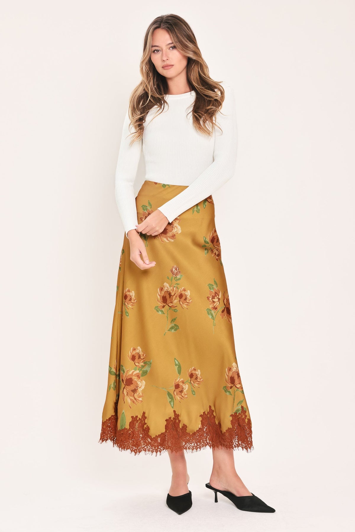 Countryside Charm Camel Lace-Hem Midi Skirt - side view
