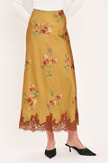 Countryside Charm Camel Lace-Hem Midi Skirt - front view