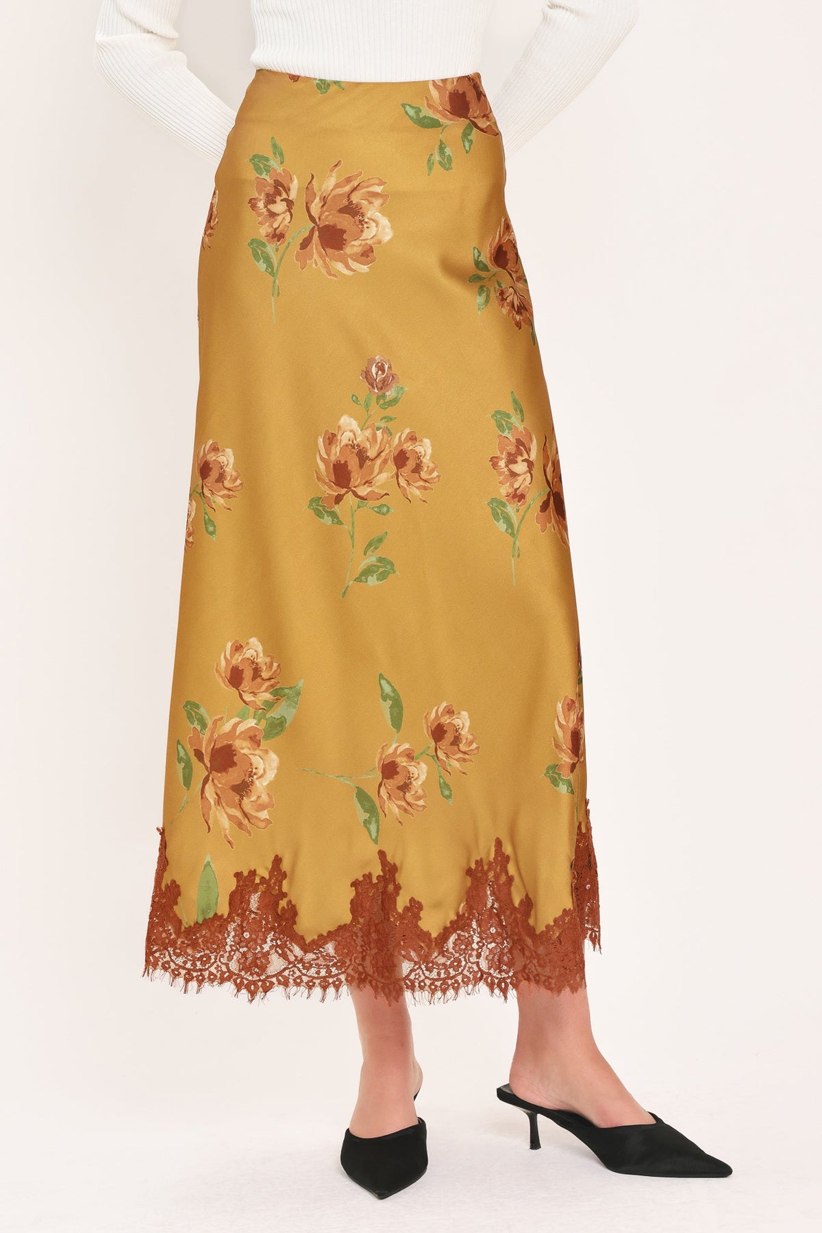 Countryside Charm Camel Lace-Hem Midi Skirt - front view