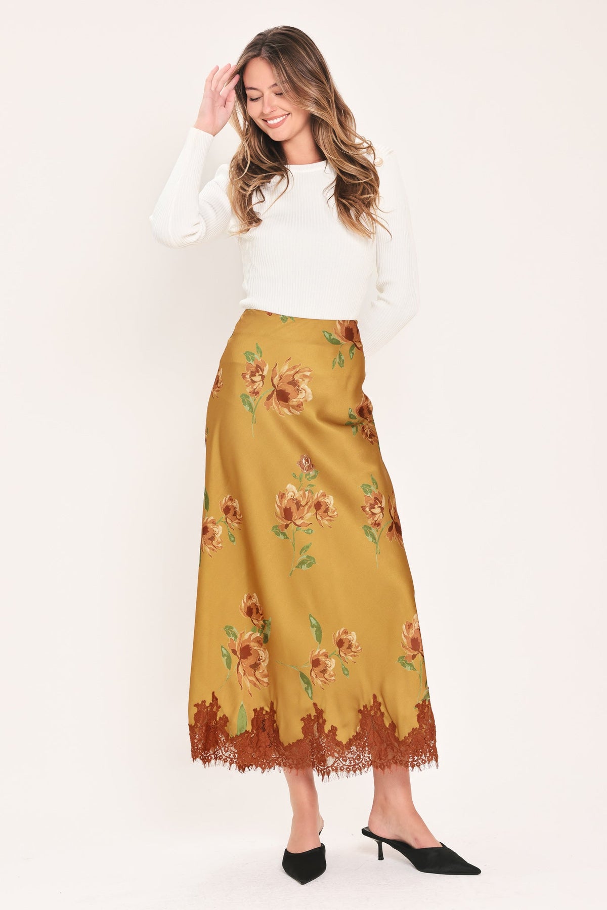Countryside Charm Camel Lace-Hem Midi Skirt - back view