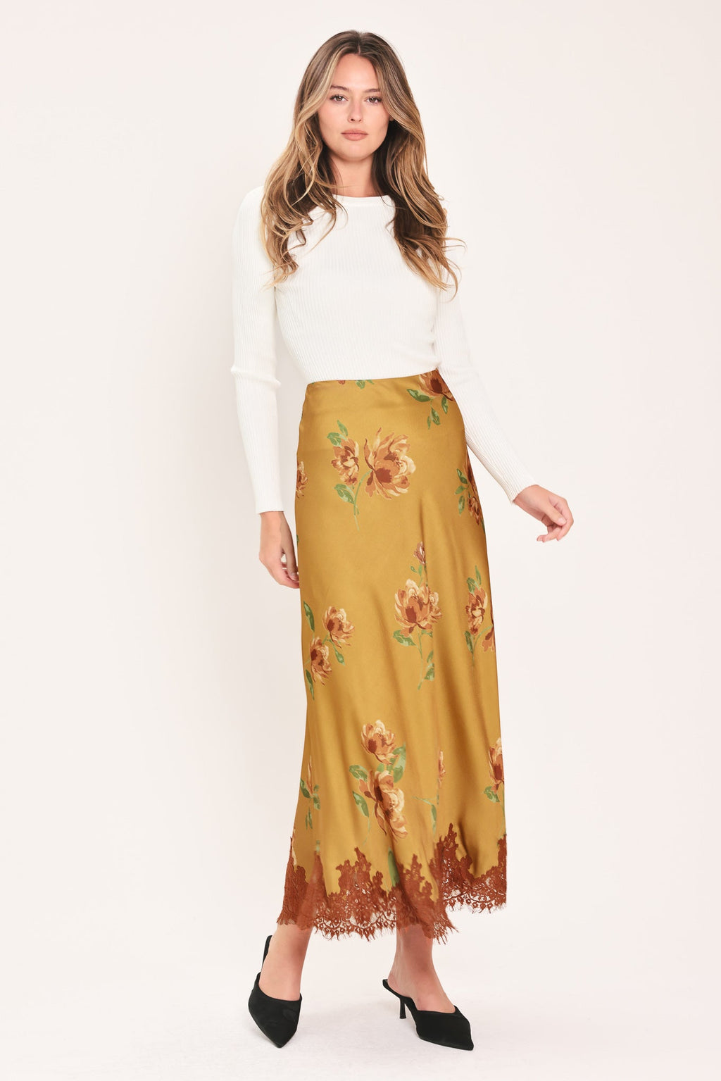 Countryside Charm Camel Lace-Hem Midi Skirt - close-up