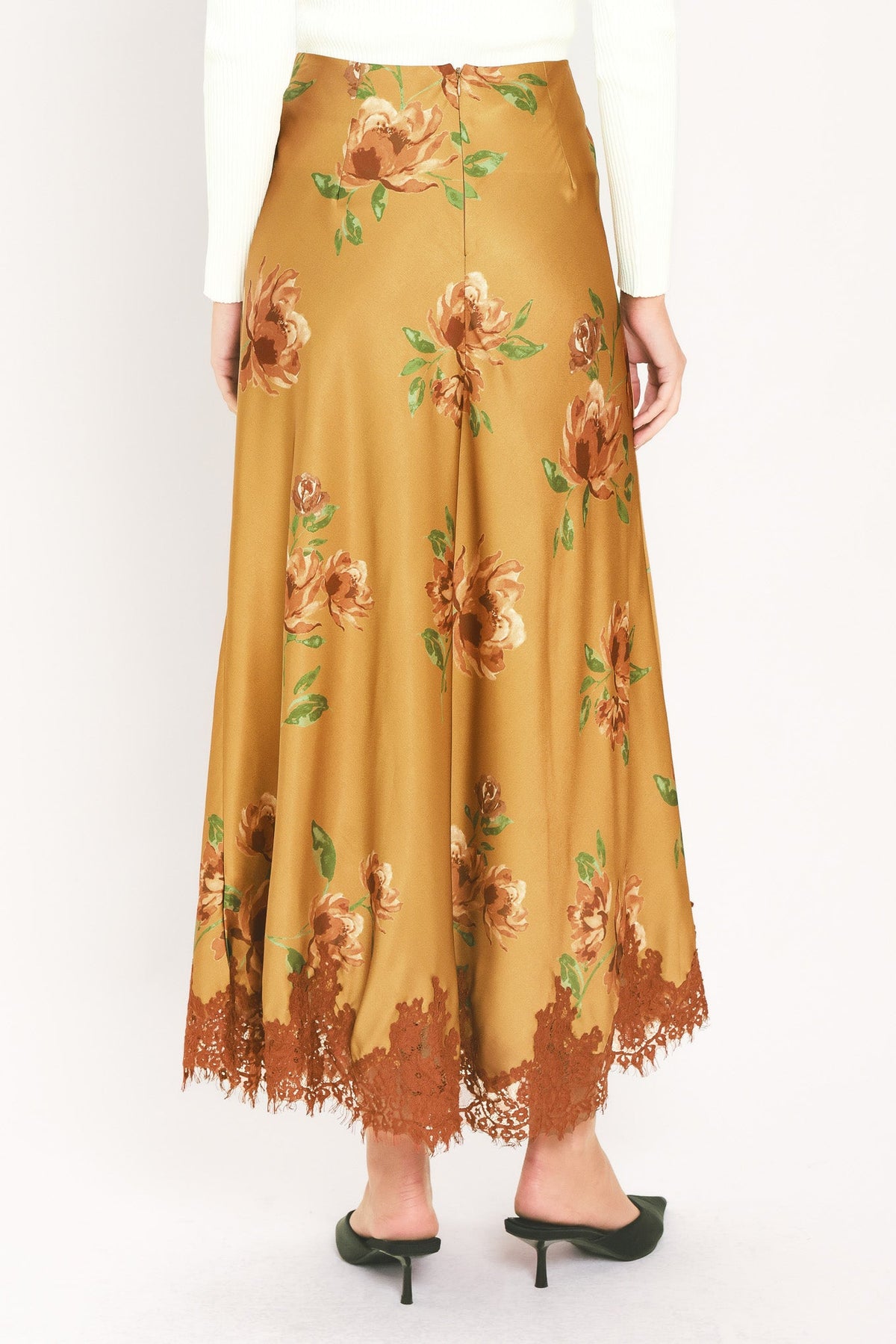 Countryside Charm Camel Lace-Hem Midi Skirt - full length view