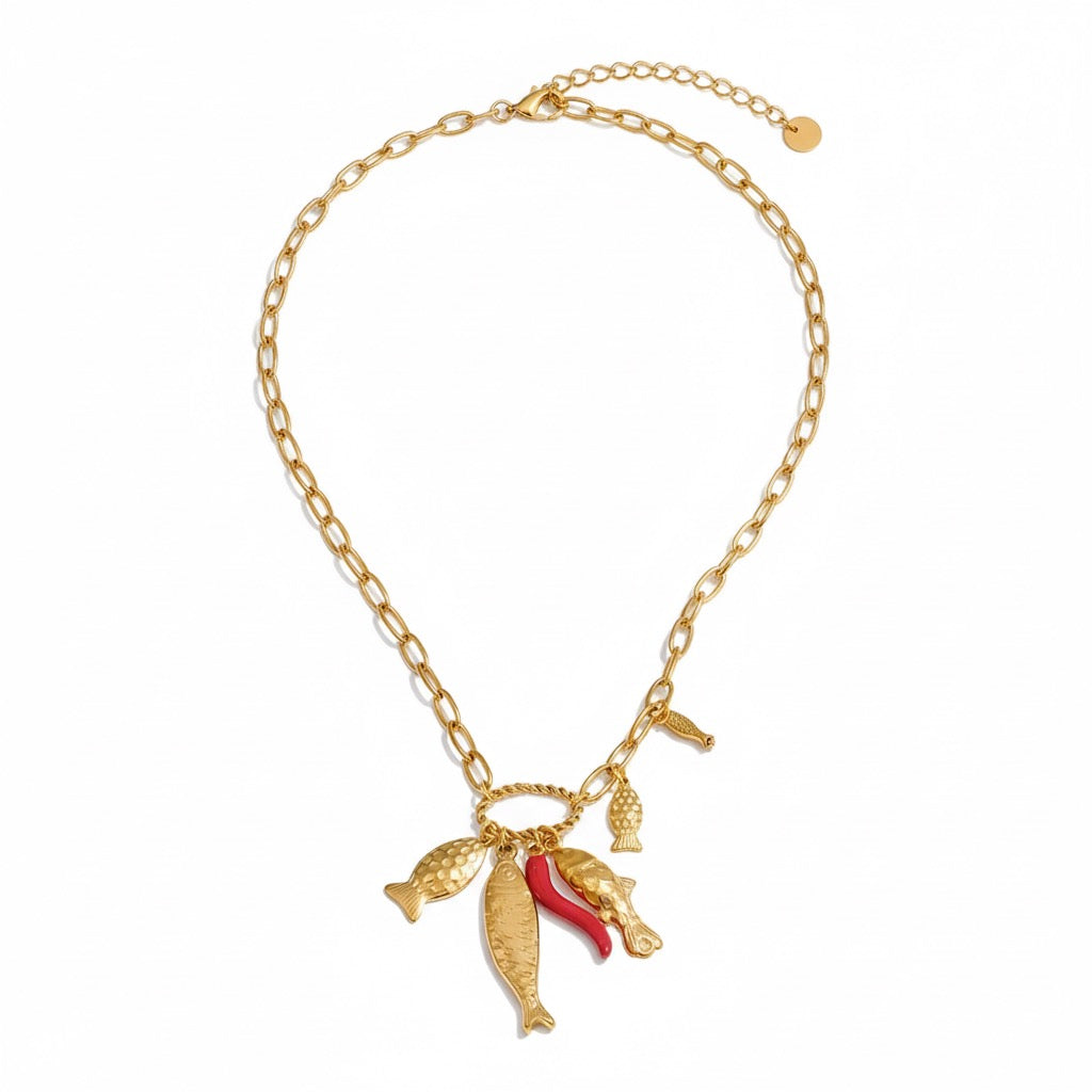 Calypso Necklace in Gold - fish charm and color pop necklace on gold chain