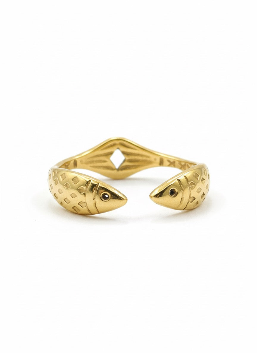 Pieces Ring in Gold - two fish swimming in opposite directions sculptural ring