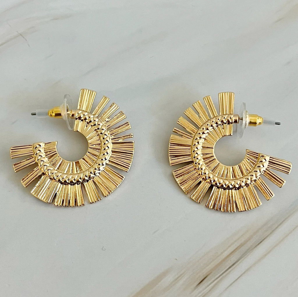 Sunburst Beauty Hoop Earrings - flat lay view Gold and Silver