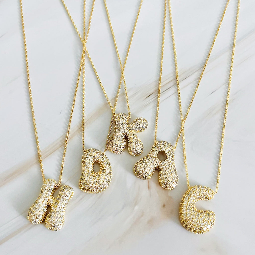 Crystal Bubble Initial Necklace - crystal encrusted bubble letter pendant