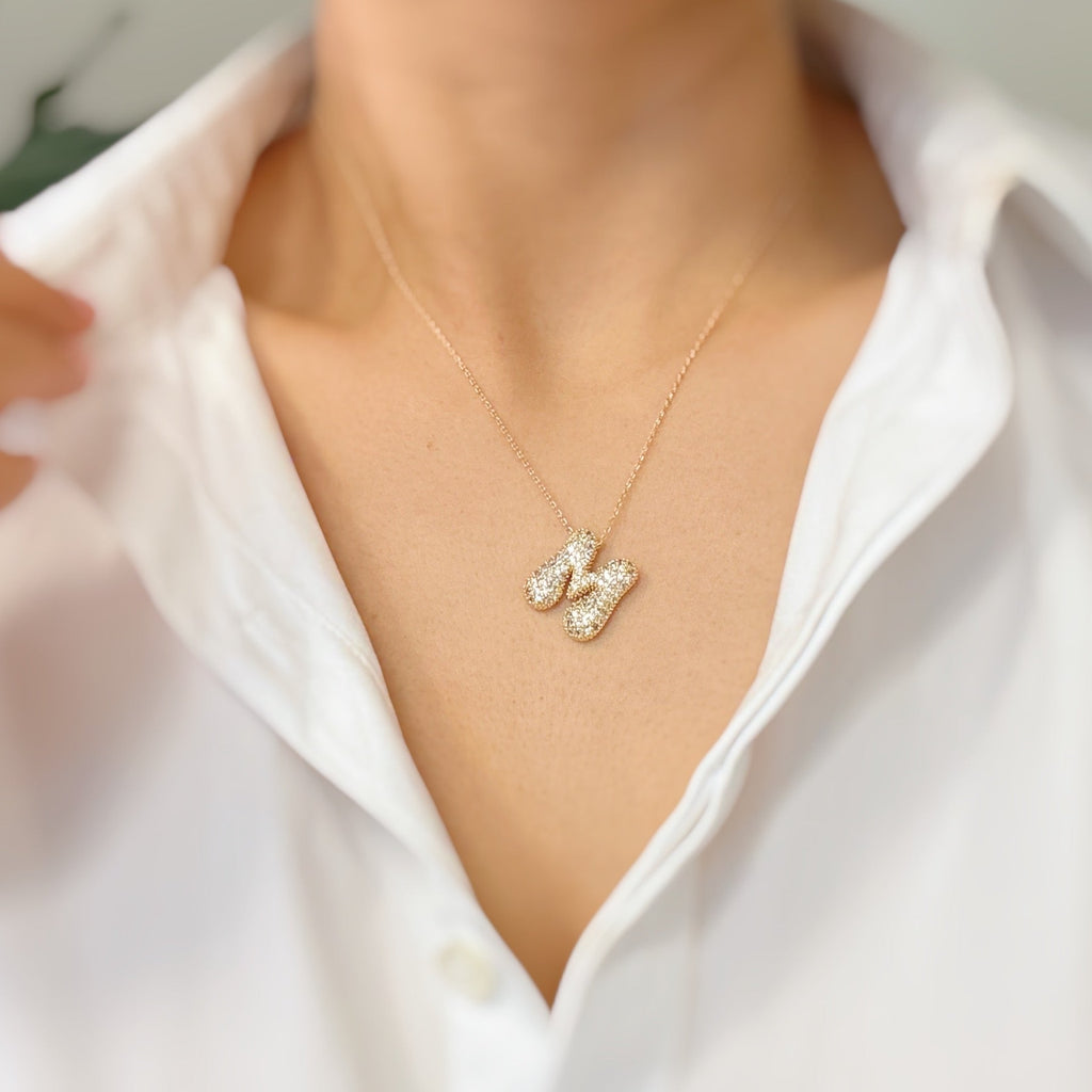 Crystal Bubble Initial Necklace - close up of crystal letter detail