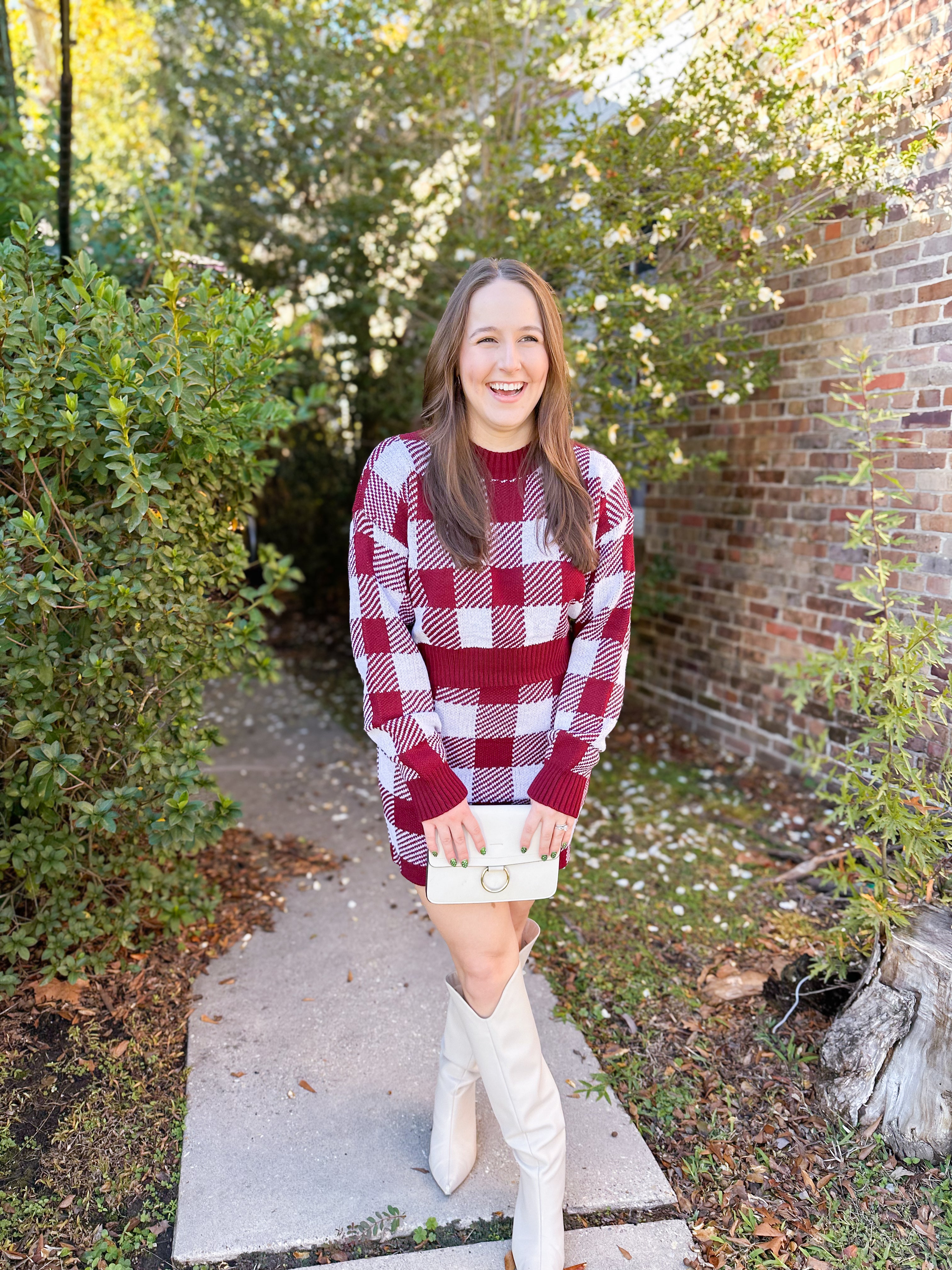 Plaid Round Neck Top and Skirt Sweater Set