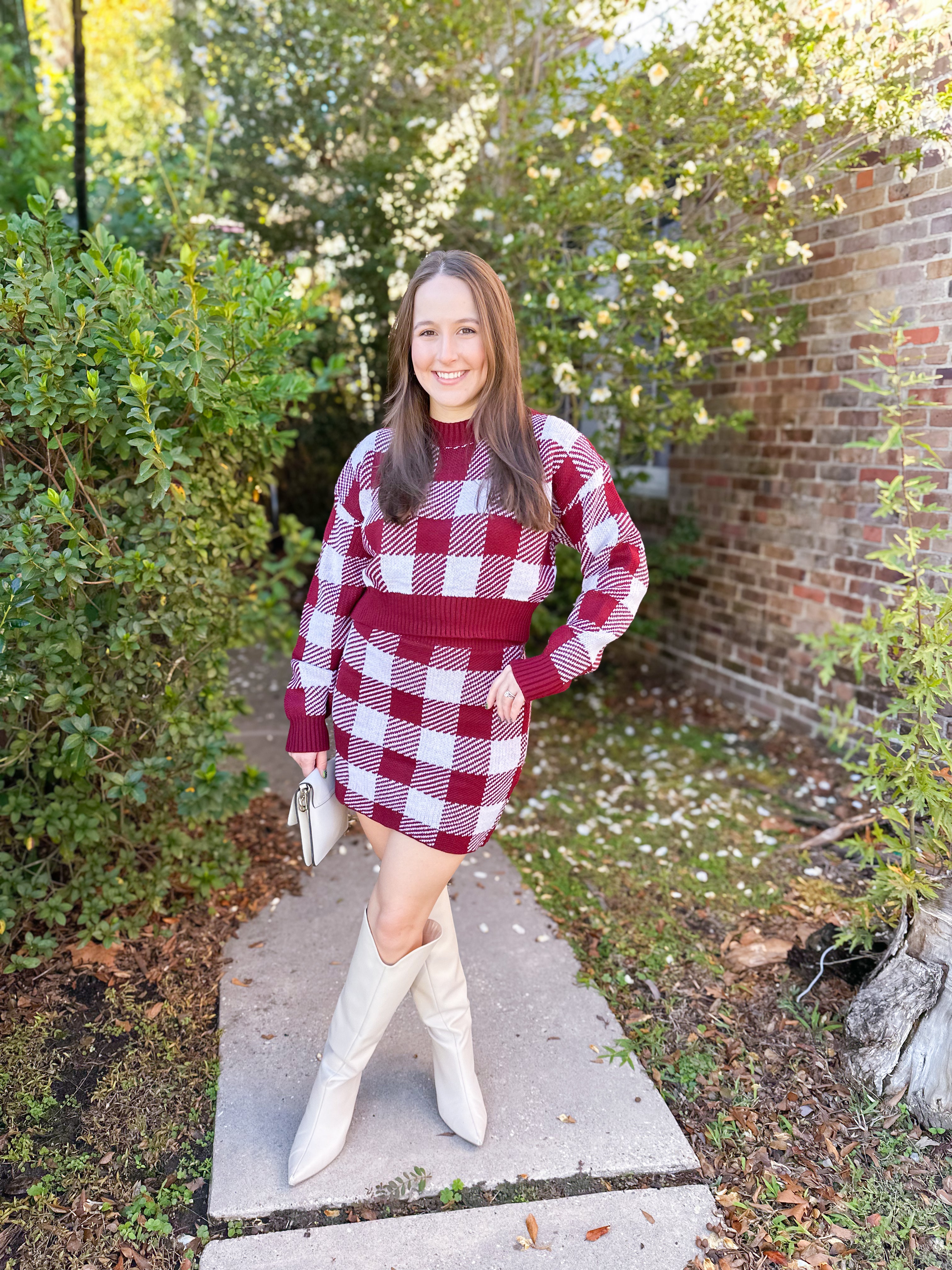 Plaid Round Neck Top and Skirt Sweater Set