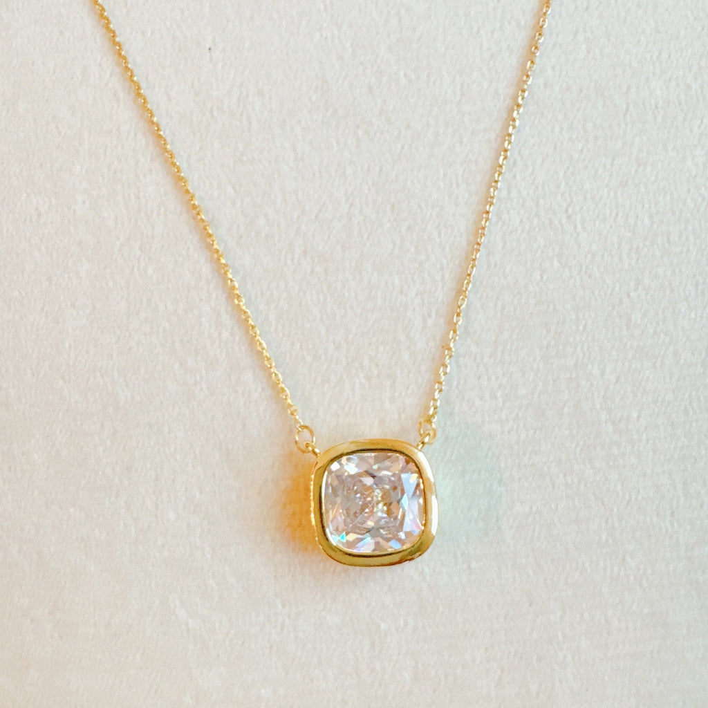 Cushion Cut Bezel Diamond Necklace - close up of bezel setting