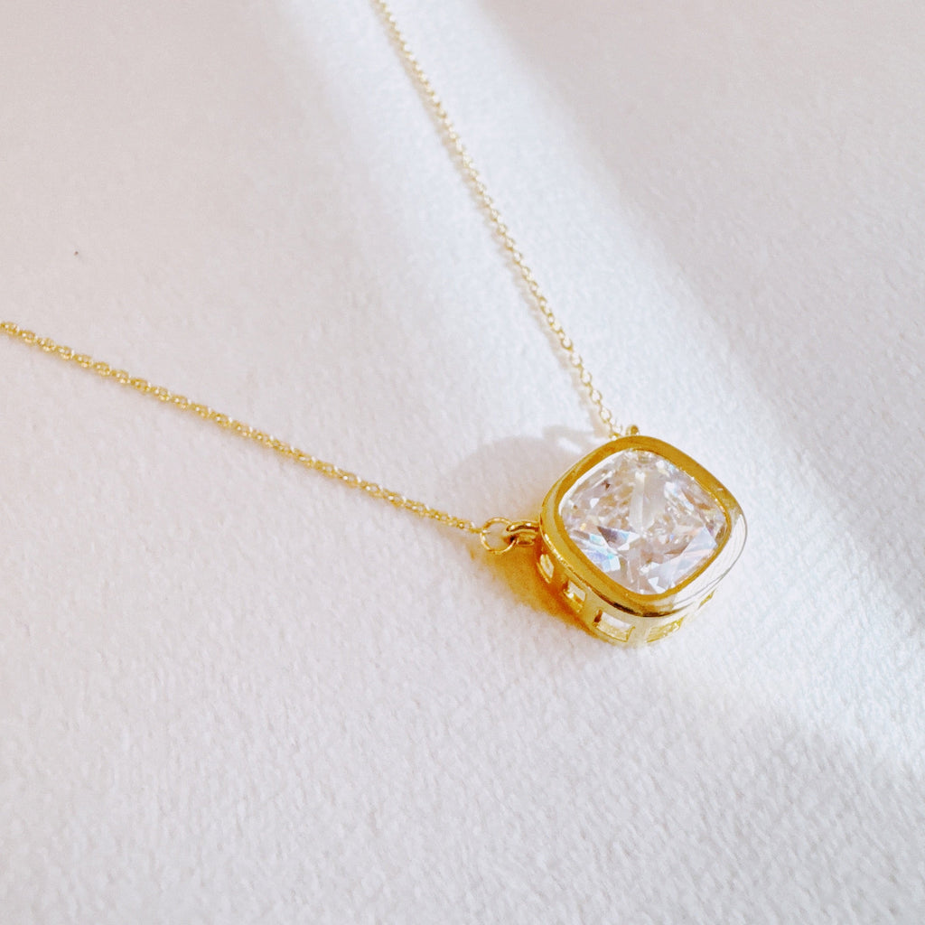 Cushion Cut Bezel Diamond Necklace - sparkling cushion cut pendant on gold chain